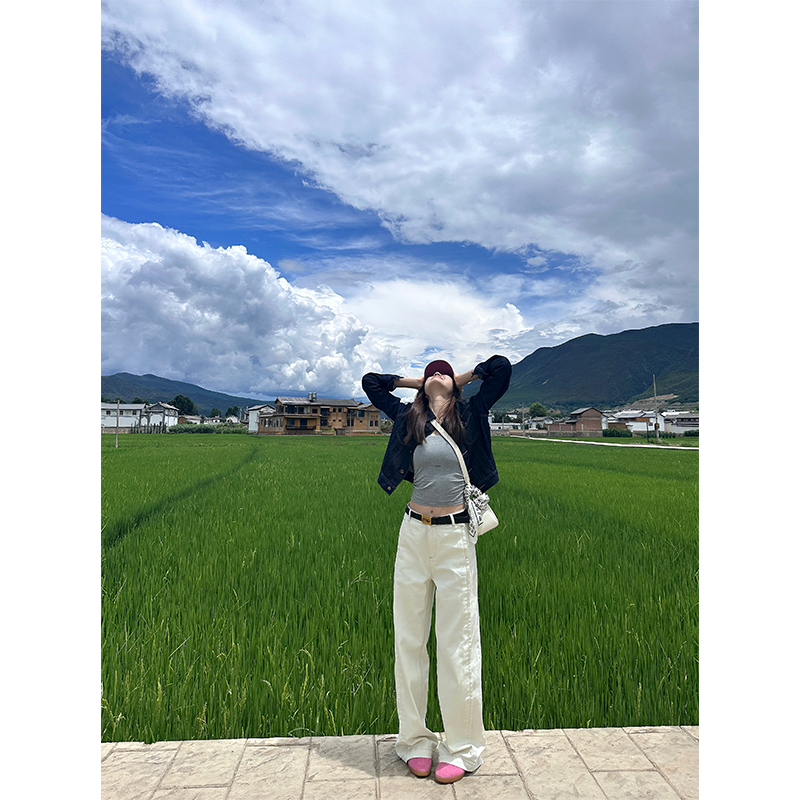 48H【超实穿裤】加长秋季多裁片阔腿工装宽松显瘦直筒牛仔裤 25023