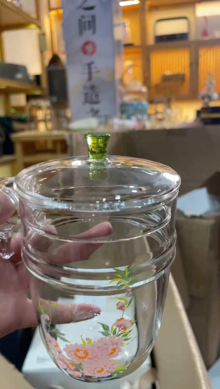 手工艺品玻璃桃花绿茶杯荧光绿盖钮