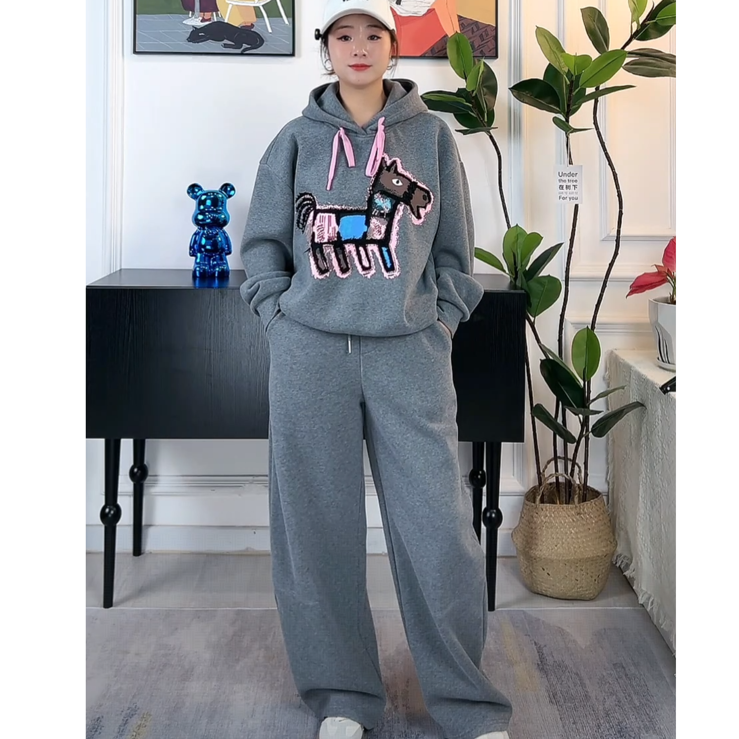 休闲运动套装连帽红色减龄秋冬春季加绒宽松印花加厚两件套