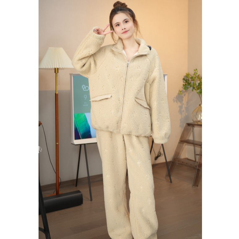 TSMLXLT秋冬季加绒立领拉链家居服套装
