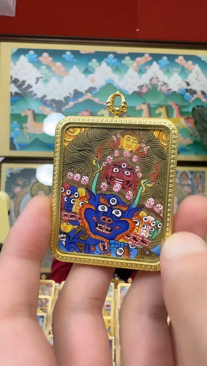 吊坠大威德-热贡纯手绘唐卡吊坠