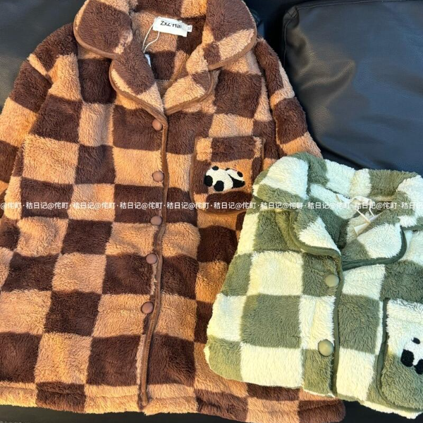 侘町2024新款熊猫格子长袖睡衣女秋冬季珊瑚绒加绒加厚家居服冬款