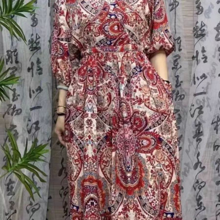 G82字裙长裙大摆裙V领连衣裙收腰女士复古时尚显瘦碎花