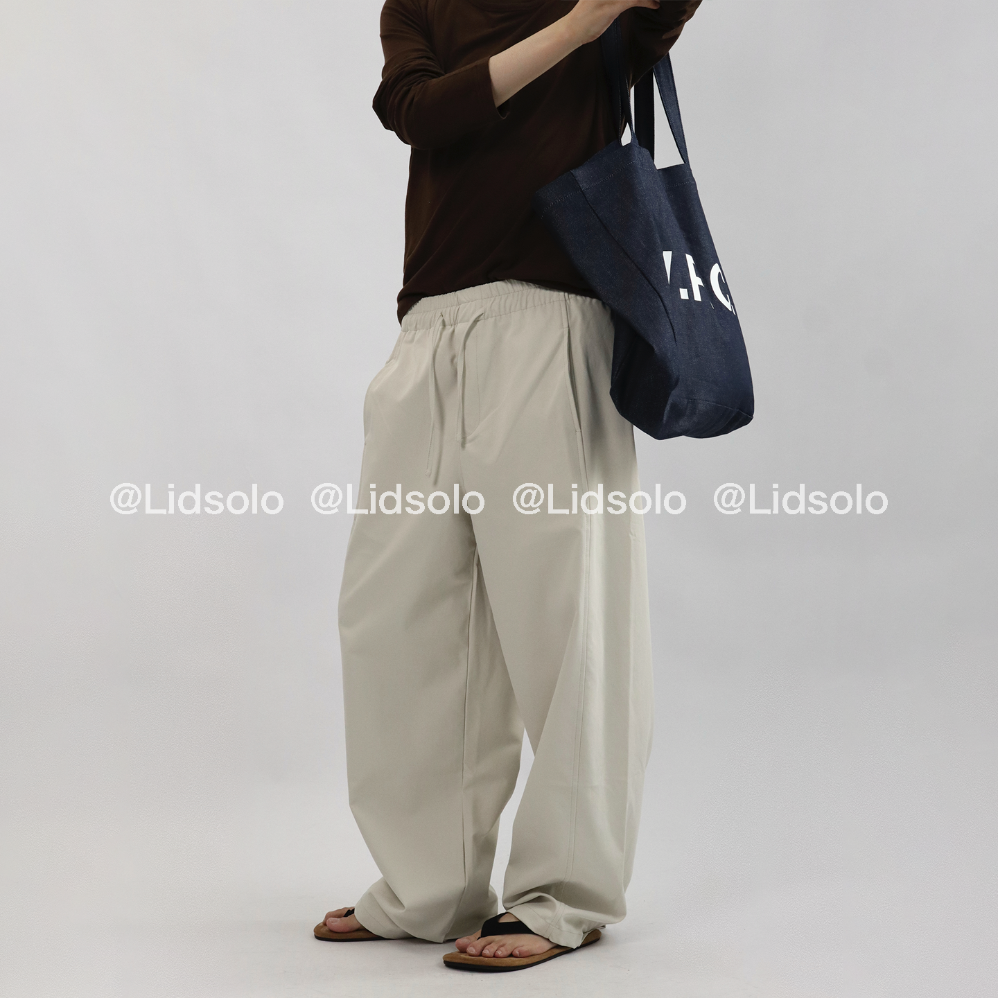 Lid solo春秋季立体裁剪微弯刀休闲裤直筒宽松百搭松紧腰系带