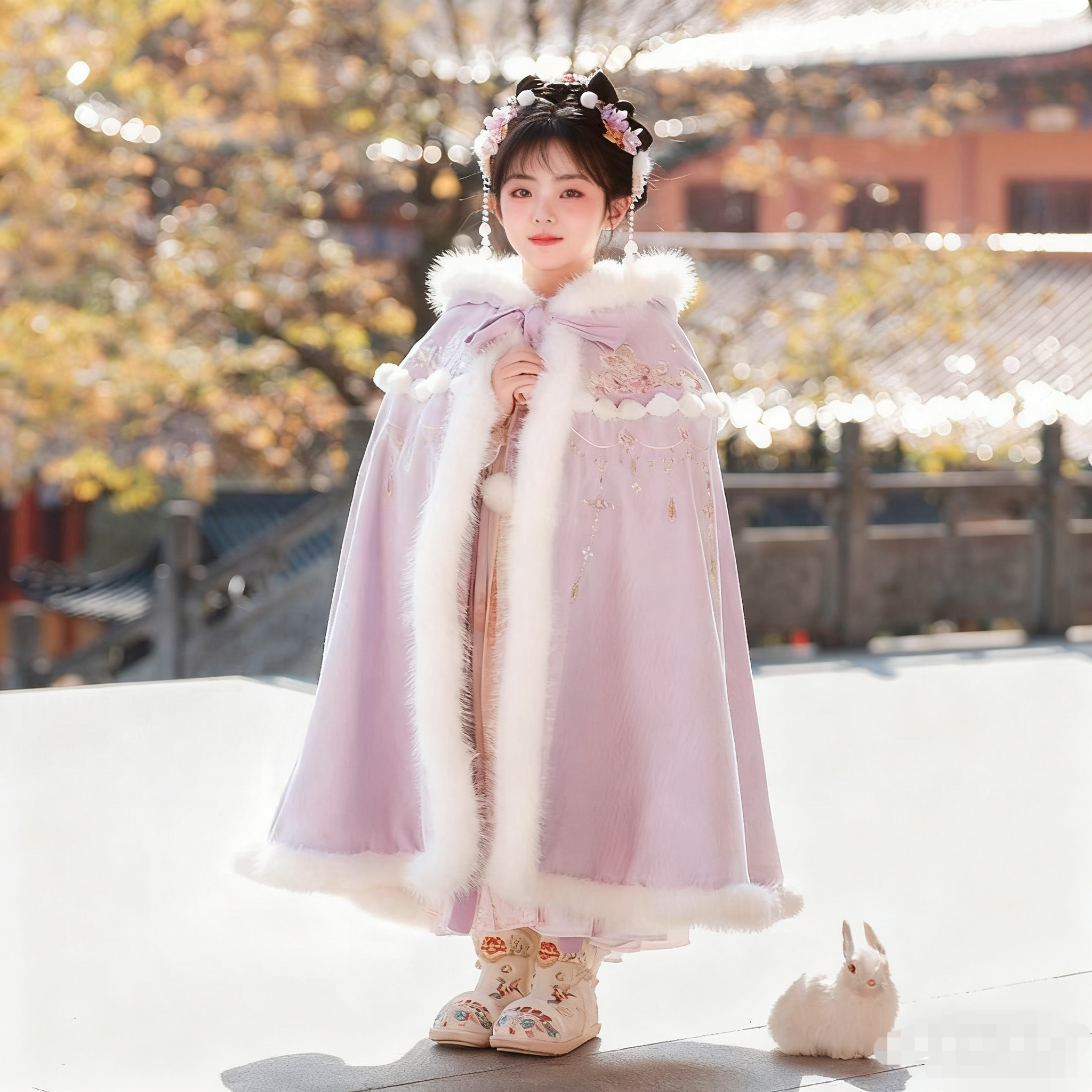 女童汉服连帽斗篷加绒中长款披风冬款女宝宝加厚外搭女孩超仙古装