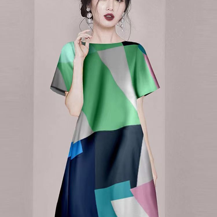 2025新款高级感撞色连衣裙女夏季短袖A字裙气质圆领短裙