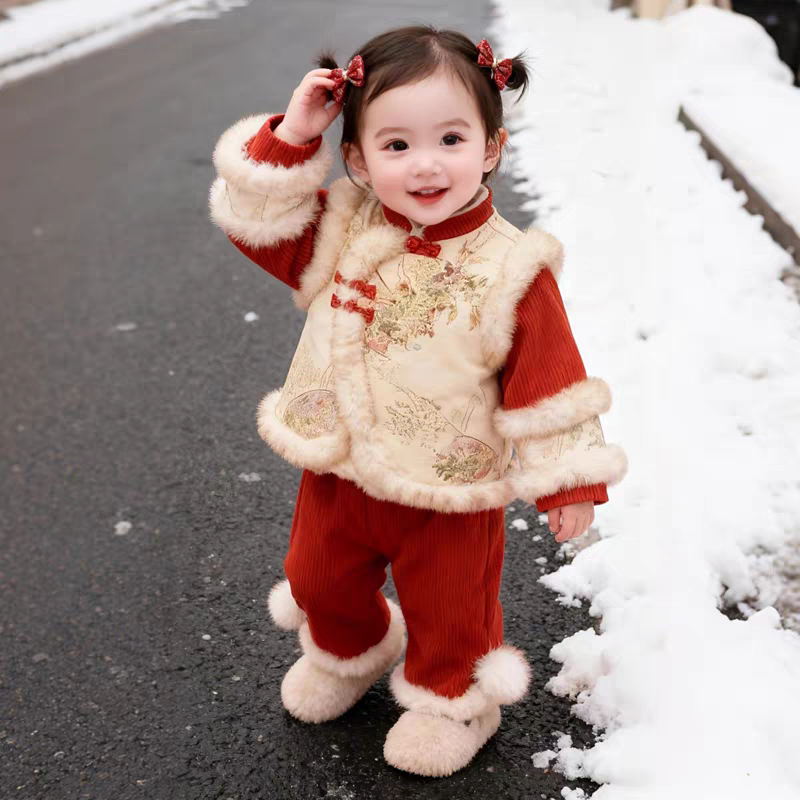 女童加绒冬季汉服套装拜年服女宝宝加厚唐装新年装中式保暖国风潮