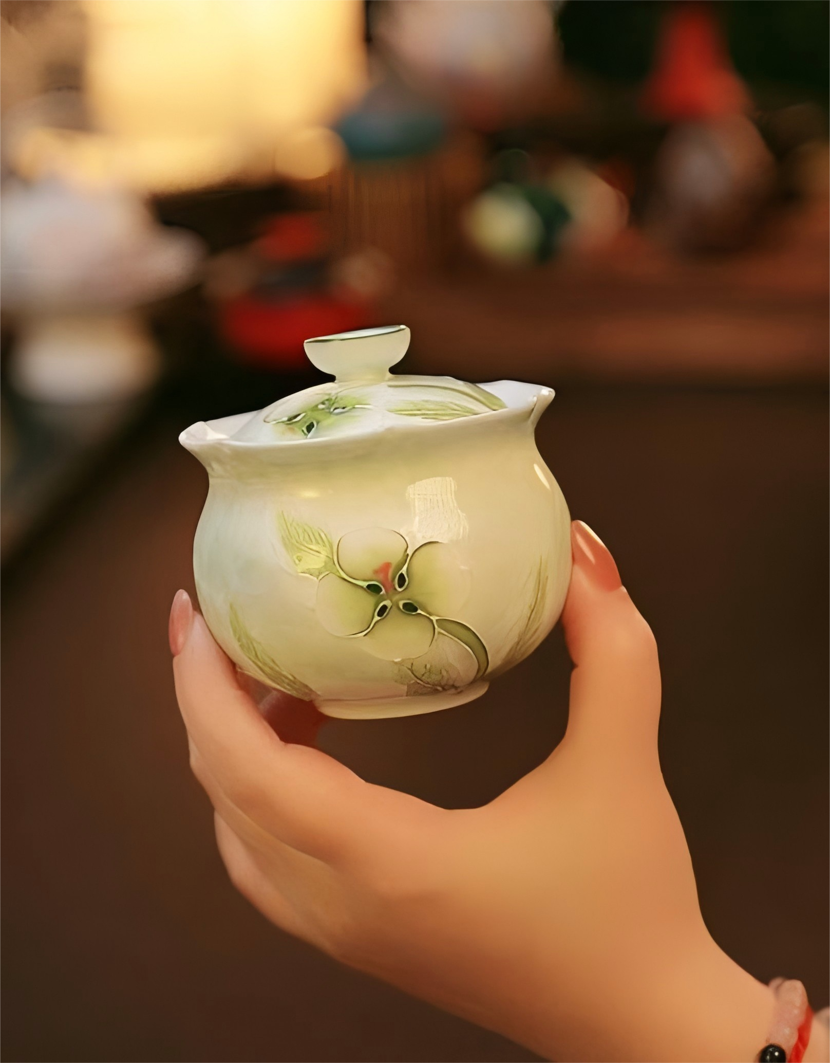 见喜全手绘釉下彩堆绘青云茶斋陶瓷茶具二才布袋盖碗