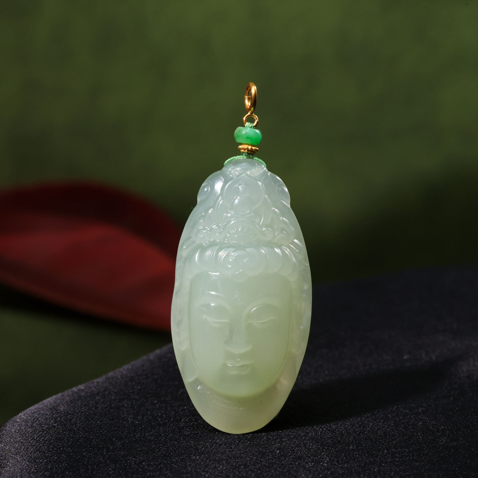 【意婵】《闻声》18K金天然冰晴水和田玉精雕观音吊坠缅A翡翠-917283