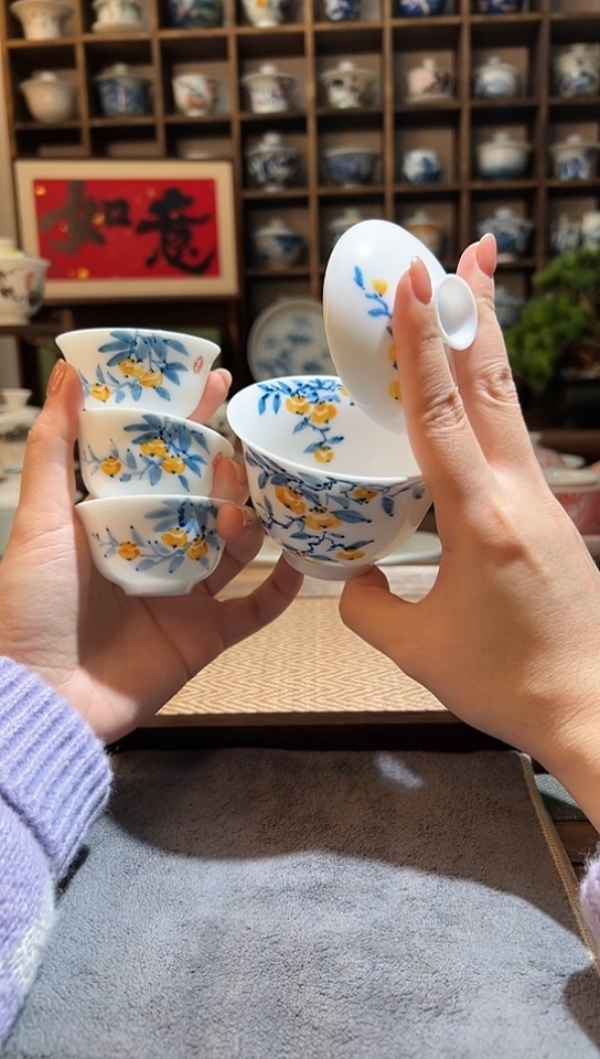【闪购商品】手绘柿子二才盖碗+送3个客杯