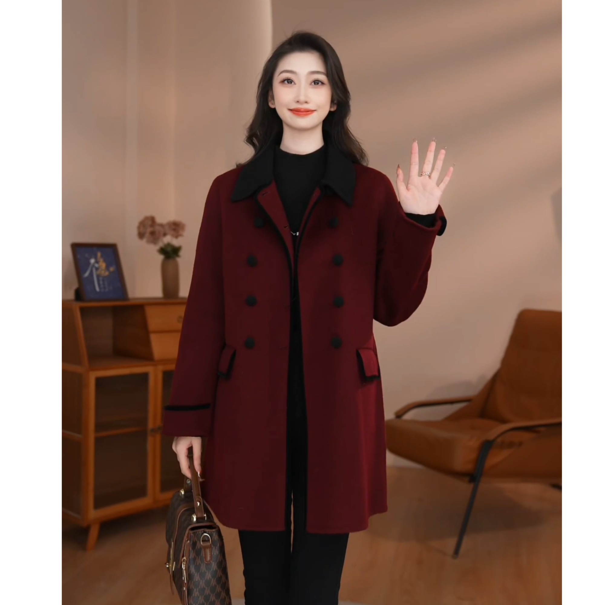 【曼贝】高端双面100%绵羊毛大衣时尚设计感外套8484035【甜甜】