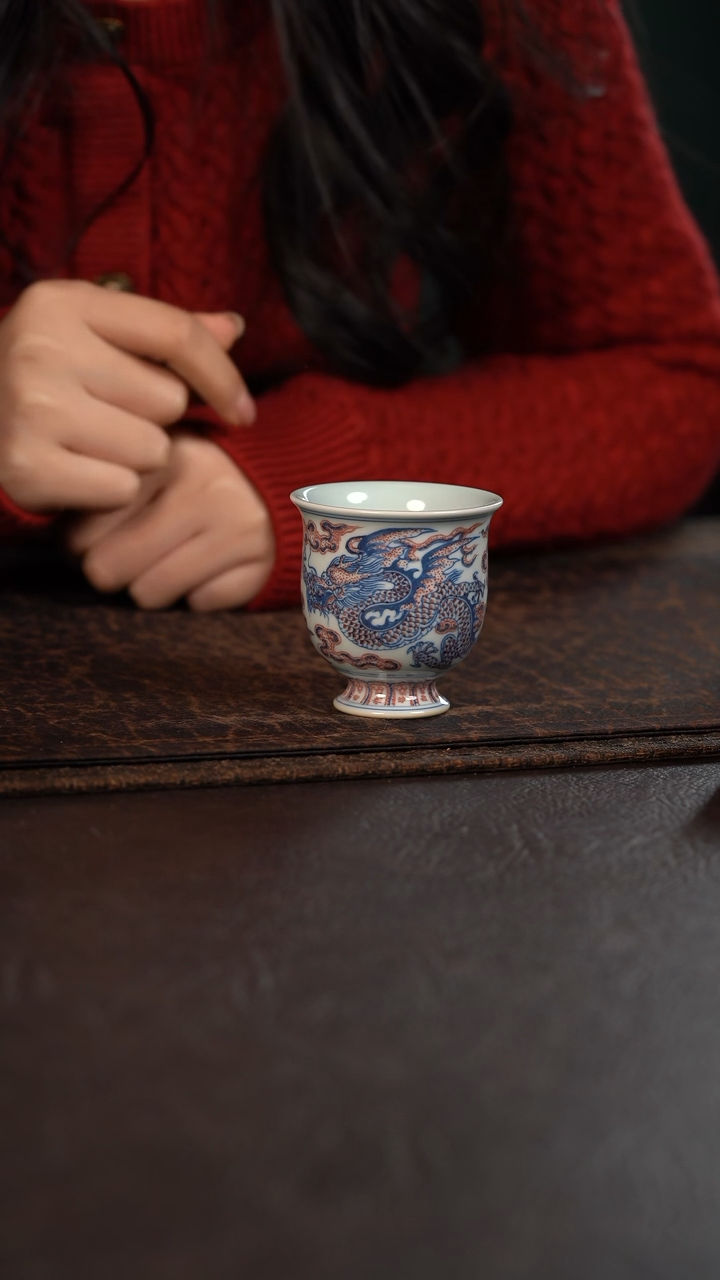 【闪购商品】杯贵红窑青花釉里红龙凤呈祥高脚杯飞龙在天