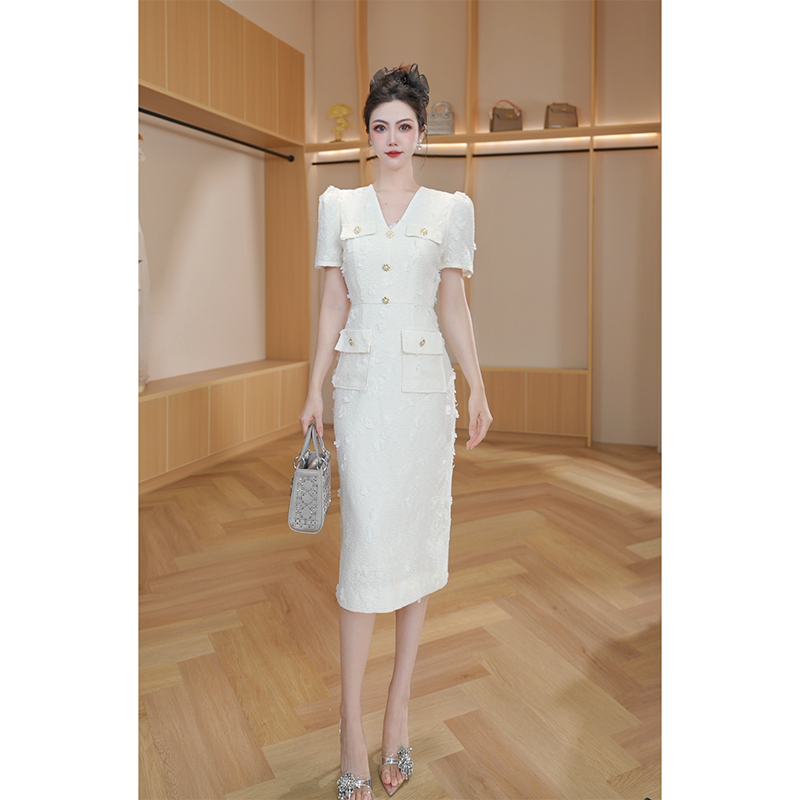 【琼仪定制】法式轻奢白色名媛气质在香风优雅设计感连衣裙21784