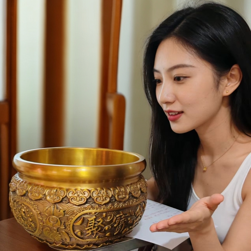 黄铜实心聚宝盆摆件家用客厅装饰工艺品摆件