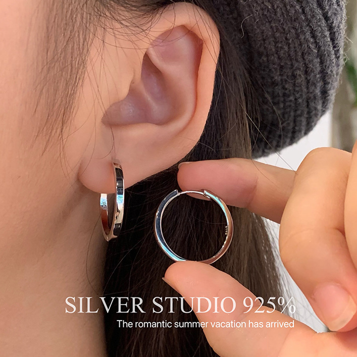 合金耳饰 s925纯银圈圈耳环轻奢法式小众素圈耳圈耳钉耳扣银耳饰