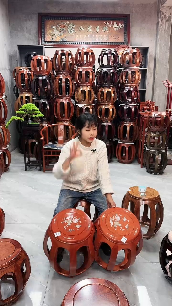 【闪购商品】花梨木类家具西非花梨色印花大号鼓凳一对12号