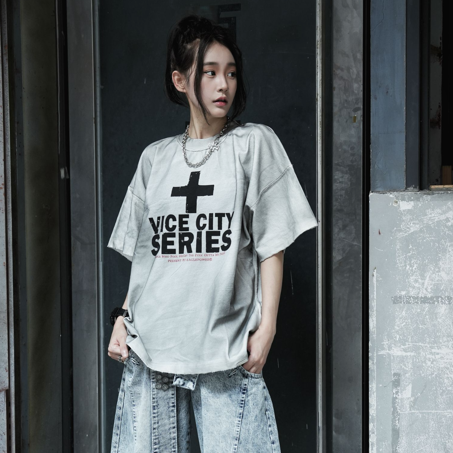 街头松弛感撞色胶带印花纯棉短袖T恤男夏季宽松美式680