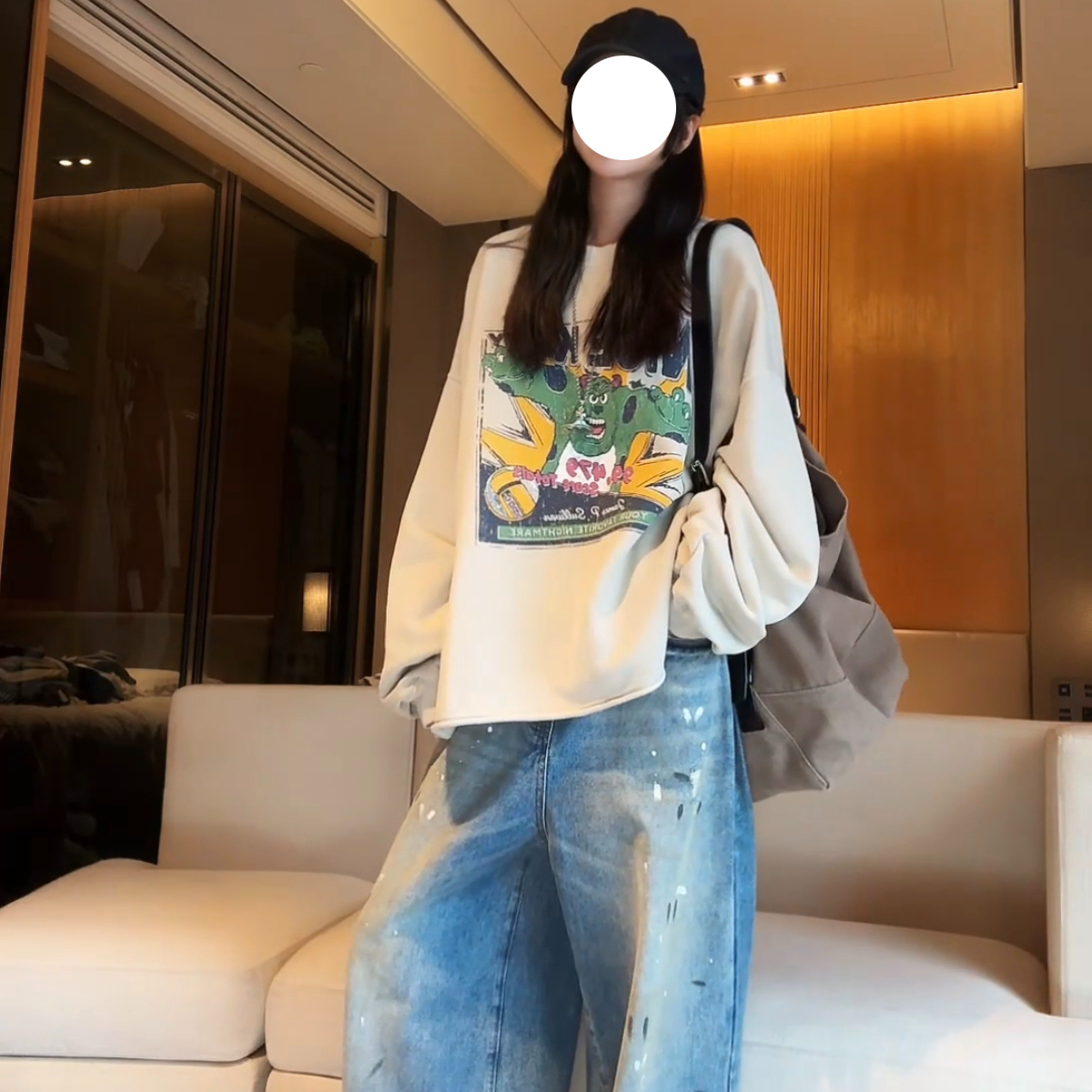 秋季新款做旧卡通印花卷边水洗宽松圆领毛圈卫衣休闲减龄长袖