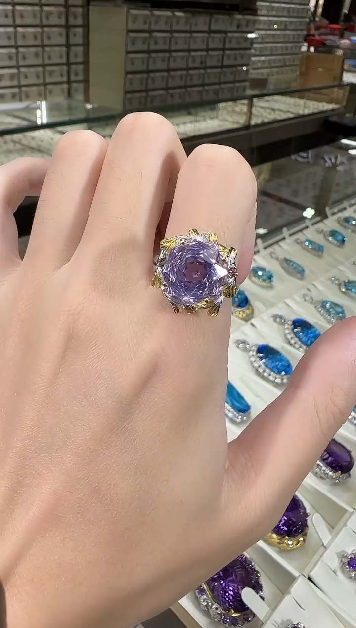 银S925镶嵌戒指水晶12mm薰衣草