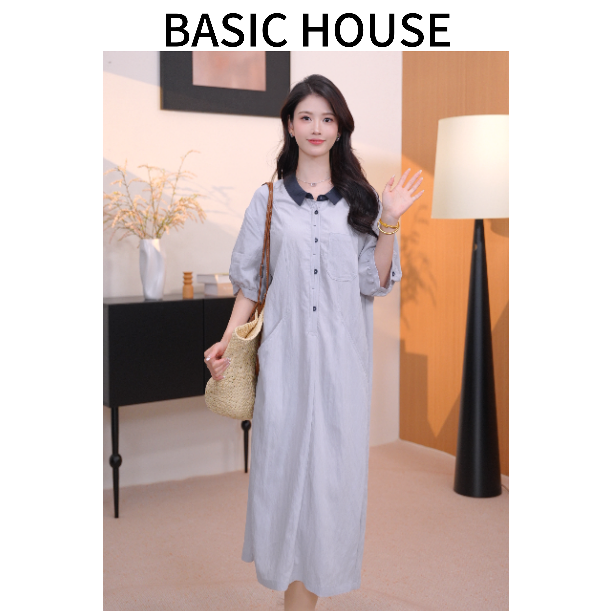 Basic House/百家好夏季新款气质时尚收腰宽松显瘦透气连衣裙女YZ