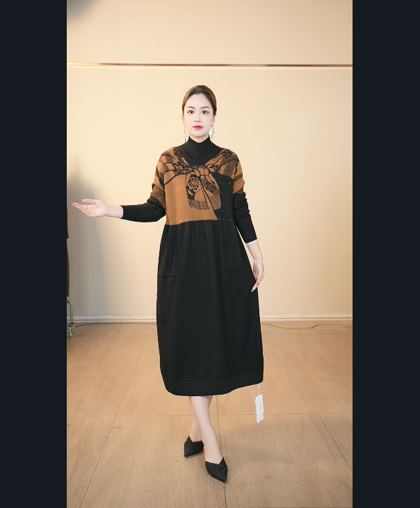 【嘉施兰格】1806爆款围巾连衣裙2025冬款潮流带珠中长款裙子上新