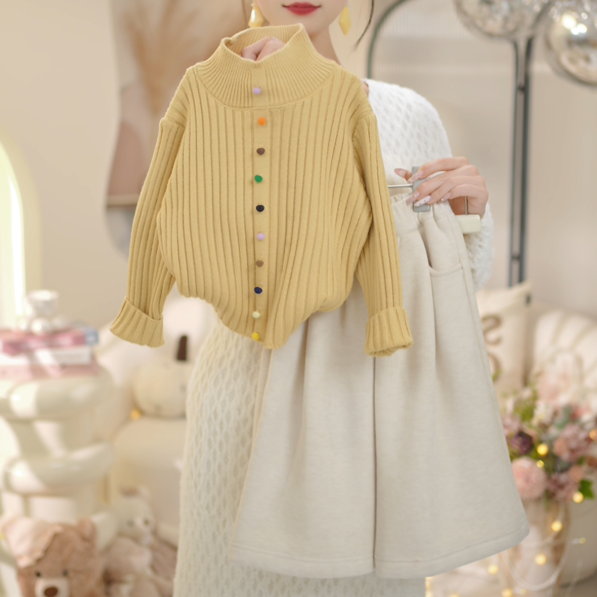 女童2025冬季新款洋气立领加厚纽扣毛衣➕加绒阔腿裤套装C25030
