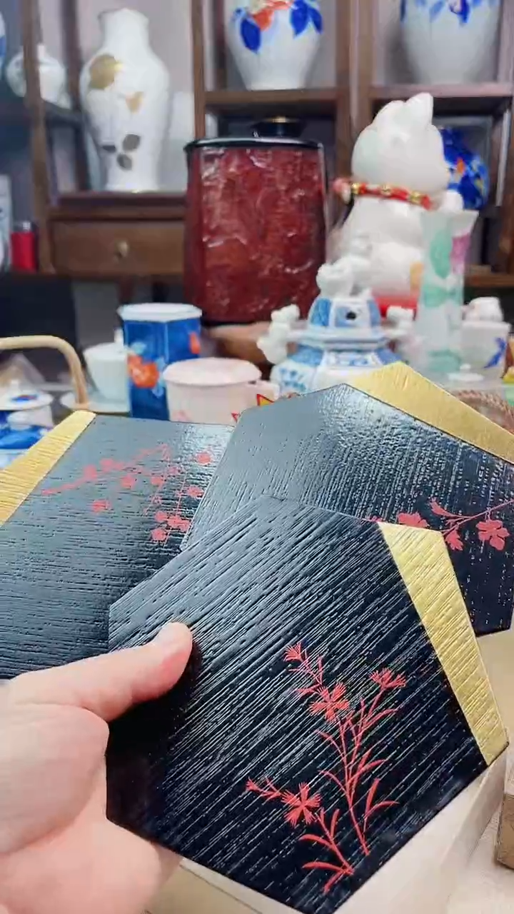 【闪购商品】盘金时绘实木壶承三件套