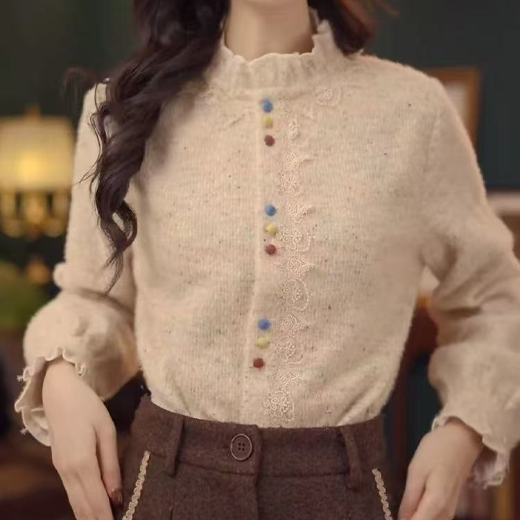 【彩虹糖果】超好看花边领衬衫女冬季设计感彩色扣子上衣