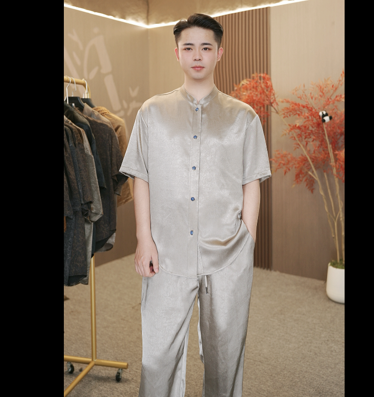 顶奢真丝桑蚕丝缎面中式国风夏季轻薄透气休闲衬衣