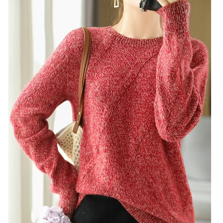 加厚100纯羊毛衫 高品质 花纱圆领宽松版针织打底衫女秋冬