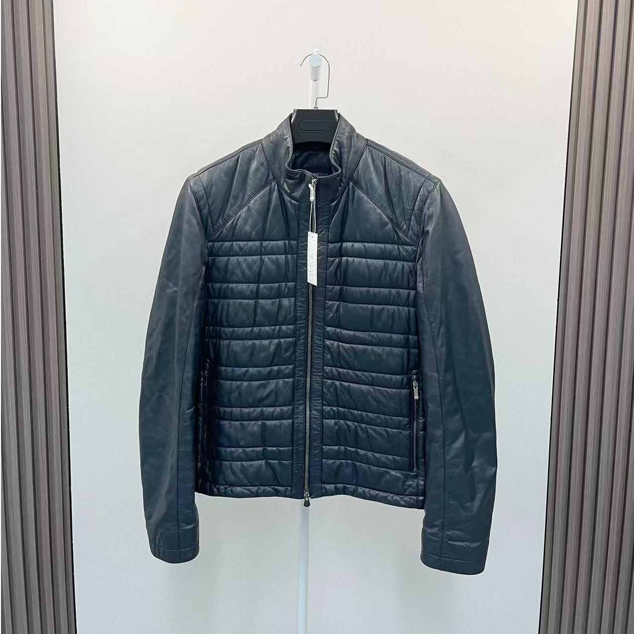 99新 ZEGNA /杰尼亚/深蓝羊羔皮拉链外套棉服夹克/尺码M