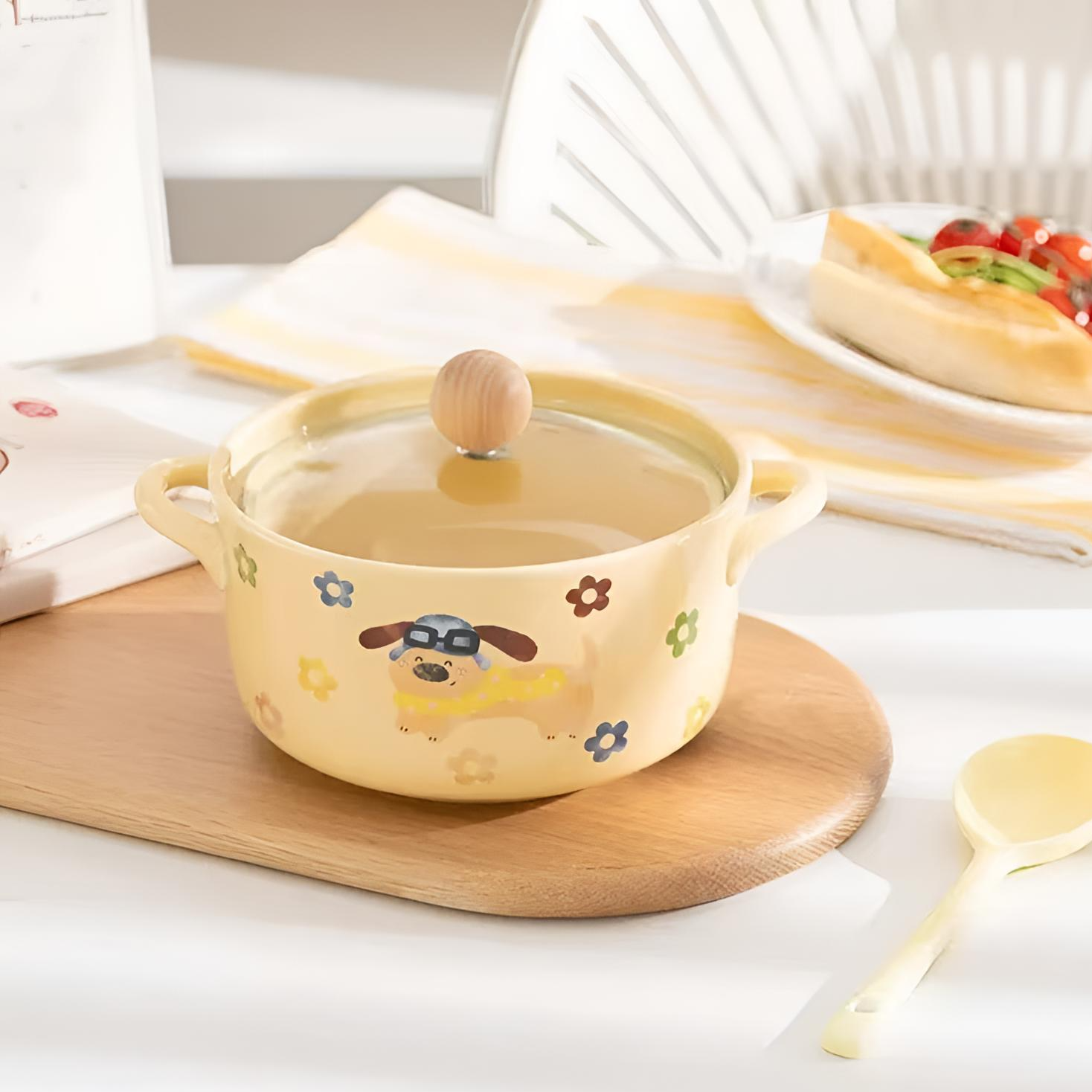 6寸韩式陶瓷双耳泡面碗男女学生宿舍螺蛳粉碗带盖勺防烫沙拉碗