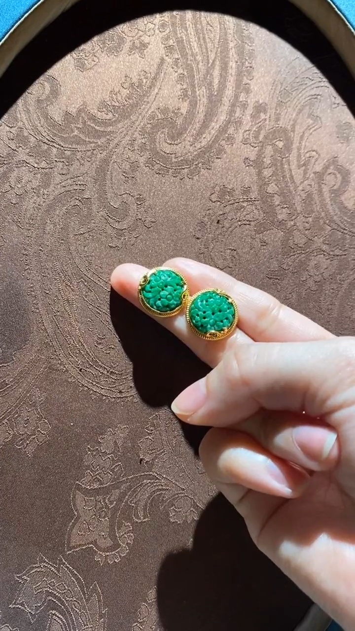 【闪购商品】翡翠耳钉银S925镀金镶嵌红翡绿翠11号