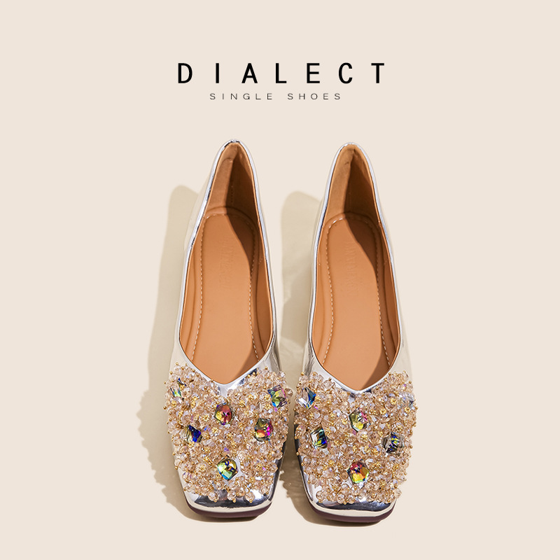 方头单鞋女求季夏季新款法式配裙子绝美水钻软底豆豆鞋浅口平底鞋