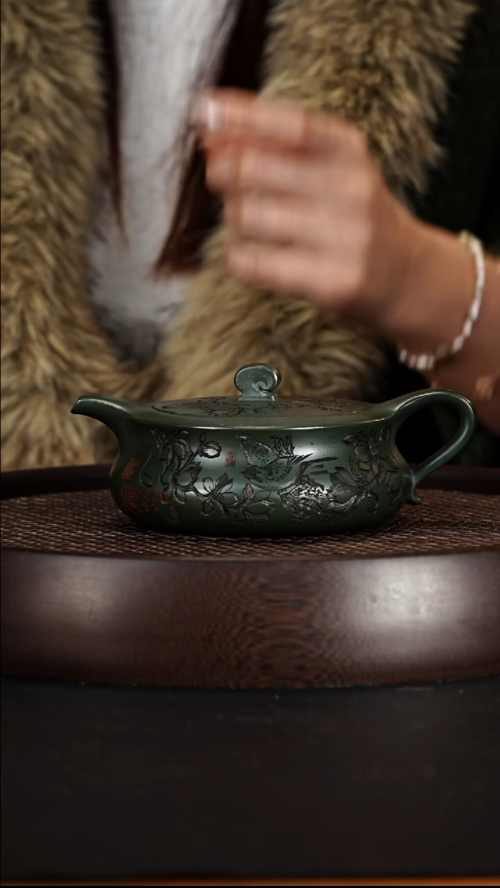 茶壶紫砂宜兴紫砂壶民国绿泥如意扁晨260cc