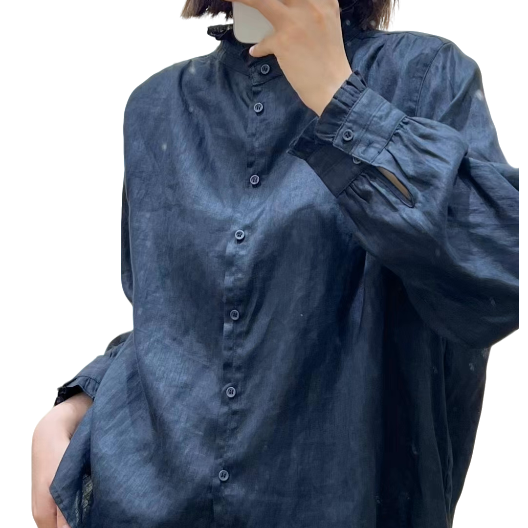 气质休闲亚麻纯色荷叶边长袖衬衫女时尚百搭款-1332