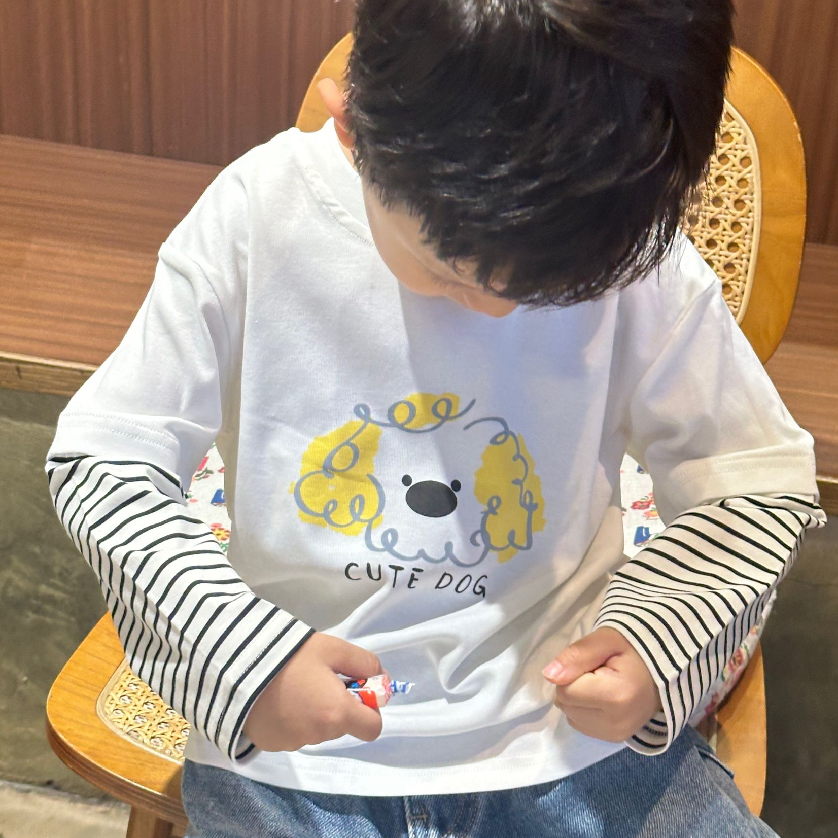 【黄色狗狗假2件长袖】2025春季男童长袖棉新款儿童宽松