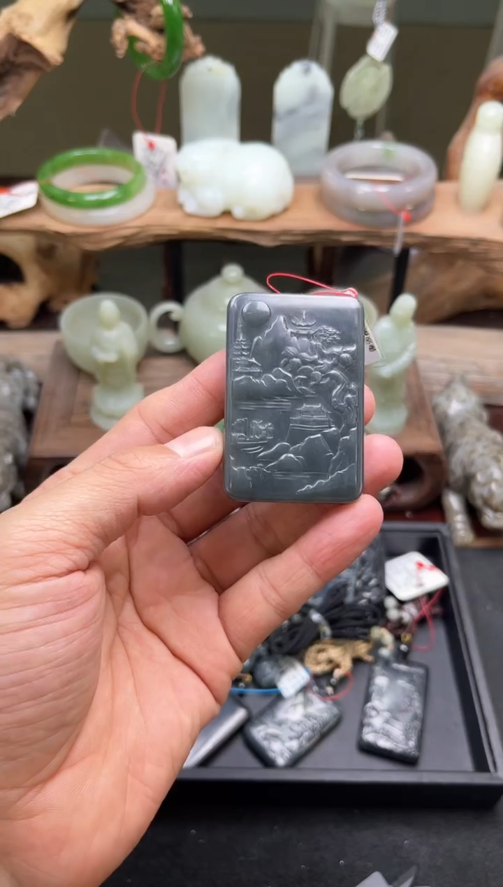 和田玉未镶嵌吊坠毛毛矿青花 山水无事牌8001204