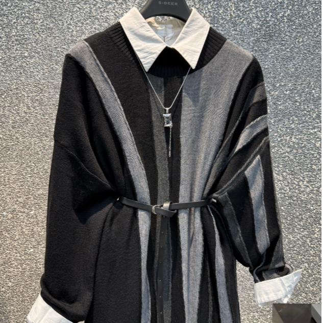 sdeer圣迪奥女装时尚气质罗纹圆领撞色收腰针织连衣裙S24181209