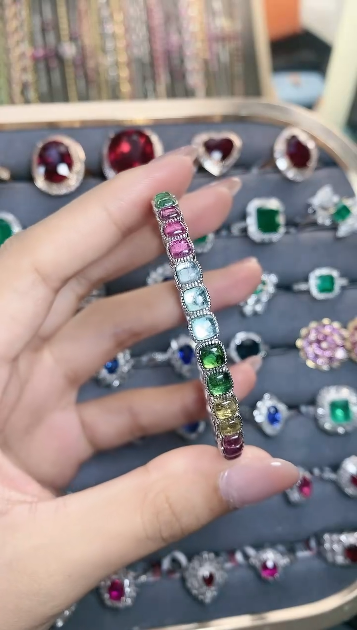 手镯银S925镶嵌碧玺·