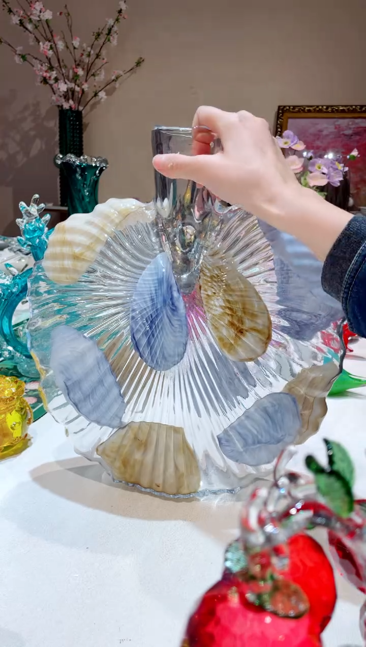 【闪购商品】琉璃手工艺品手绘透明叶子花瓶 微瑕
