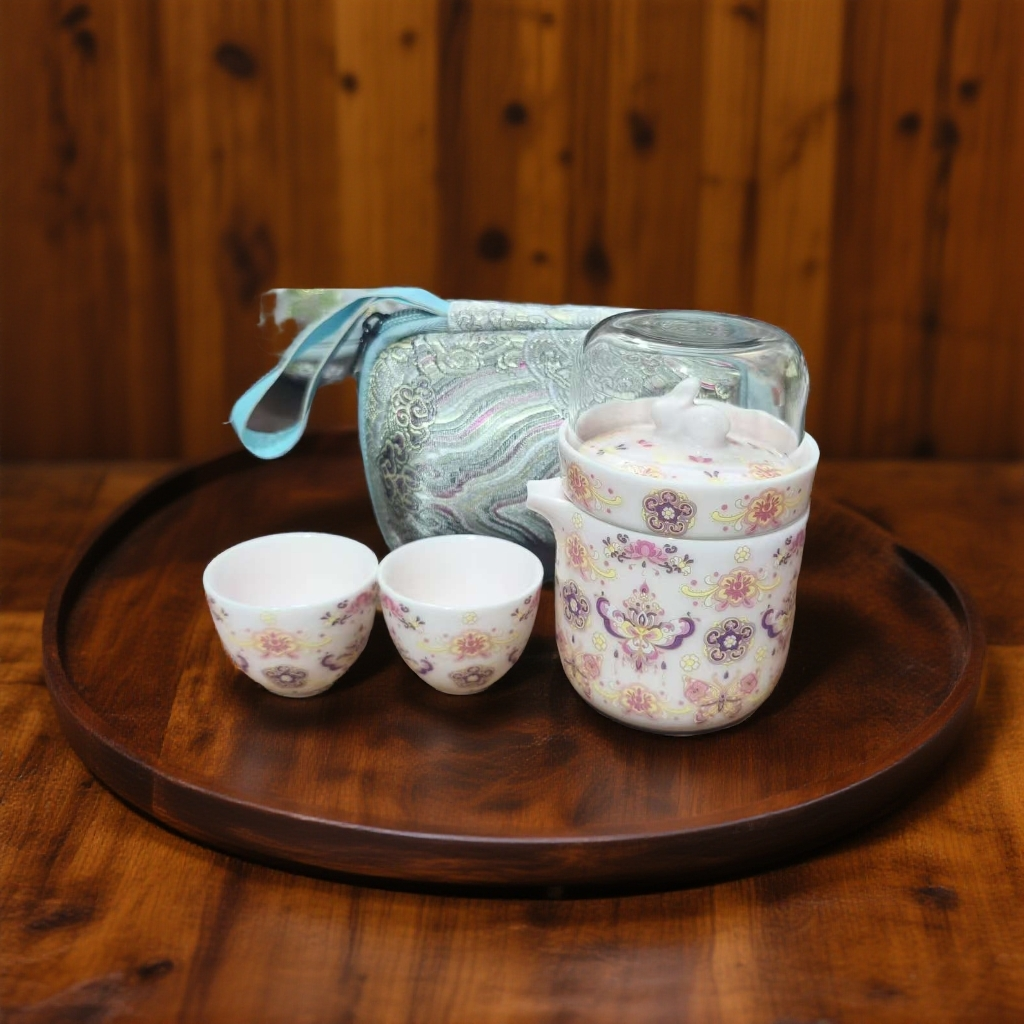 粉色宝象纹便携茶具套组