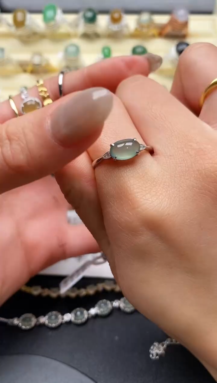 【闪购商品】翡翠戒指银S925镶嵌缅甸天然A货翡翠44  4-7