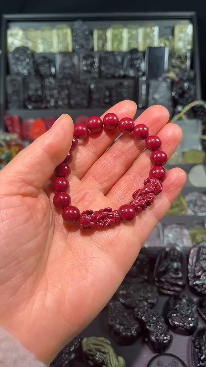 天然辰砂朱砂素圈 手串  和平安扣 红色绳