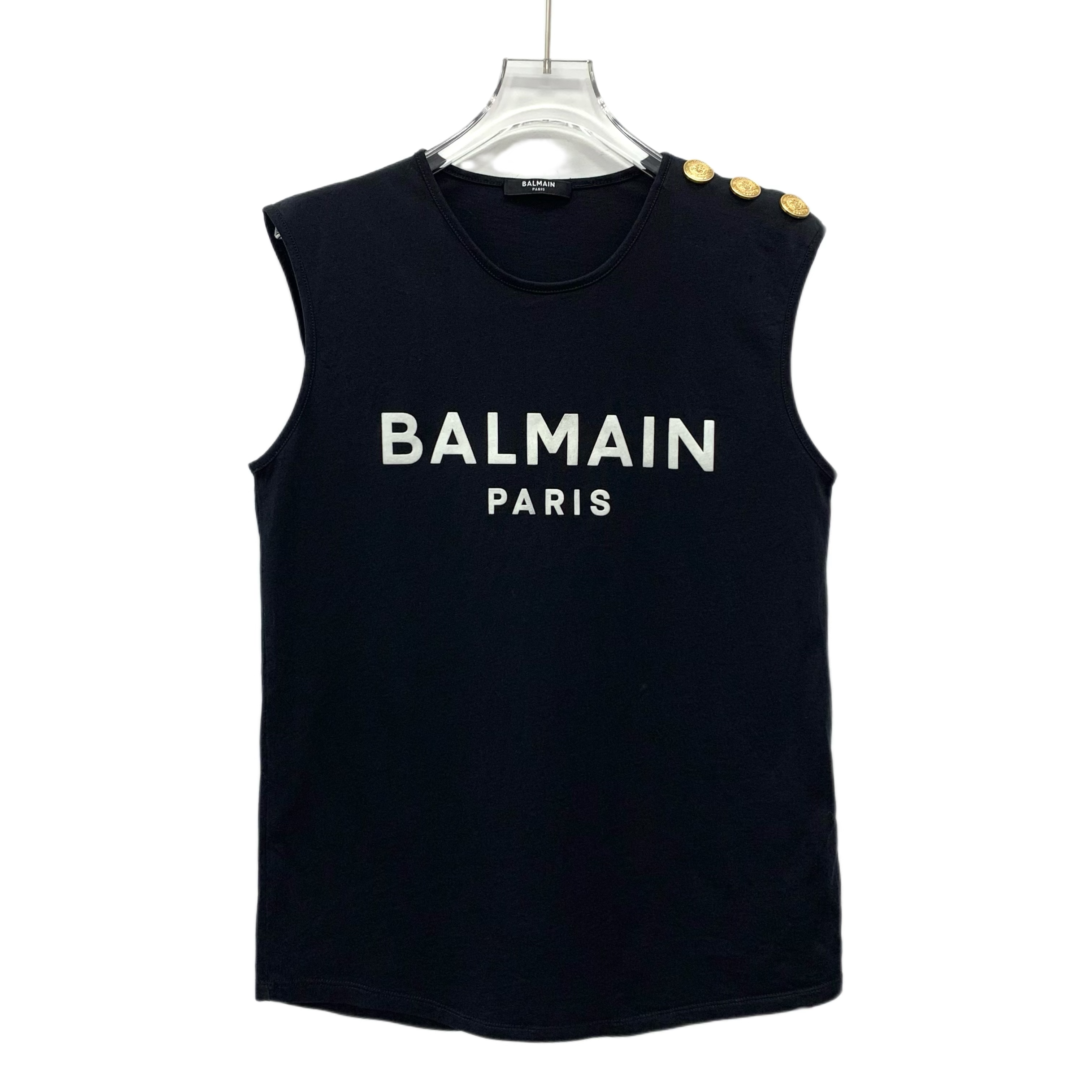 99新 BALMAIN/巴尔曼 FW0166 黑色logo字母印花棉质无袖背心 XS码
