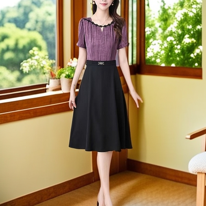 5828#紫【木兮兮专属】2025年夏新款气质时尚百搭花边中长款连衣裙