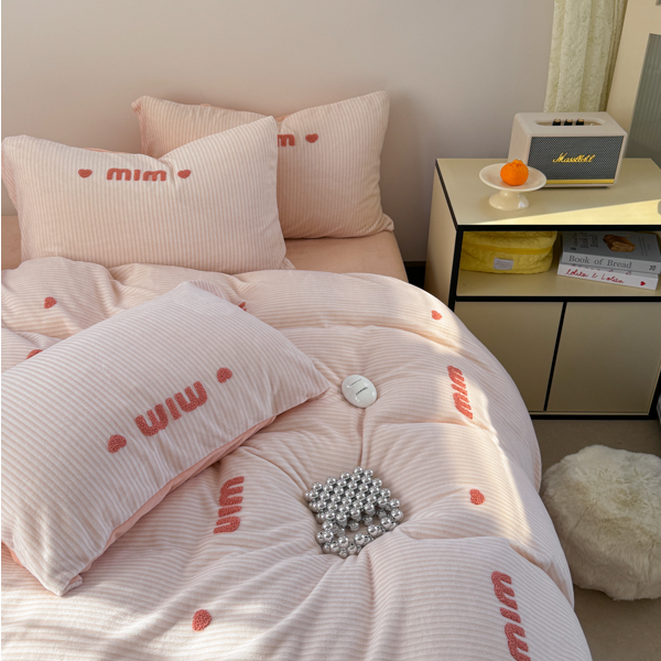 POCKET PIG/布袋猪【条纹MIU】加厚保暖毛巾绣牛奶绒四件套