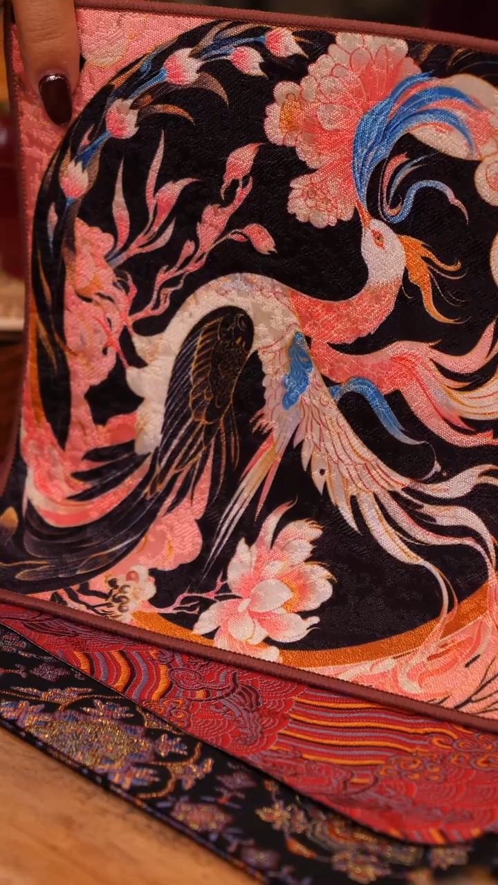 【闪购商品】宋锦提花刺绣凤凰牡丹茶巾