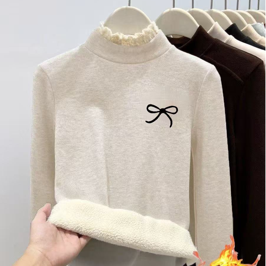 女童新款打底衫卫衣中大童花边半高领保暖印花上衣加绒加厚一体绒