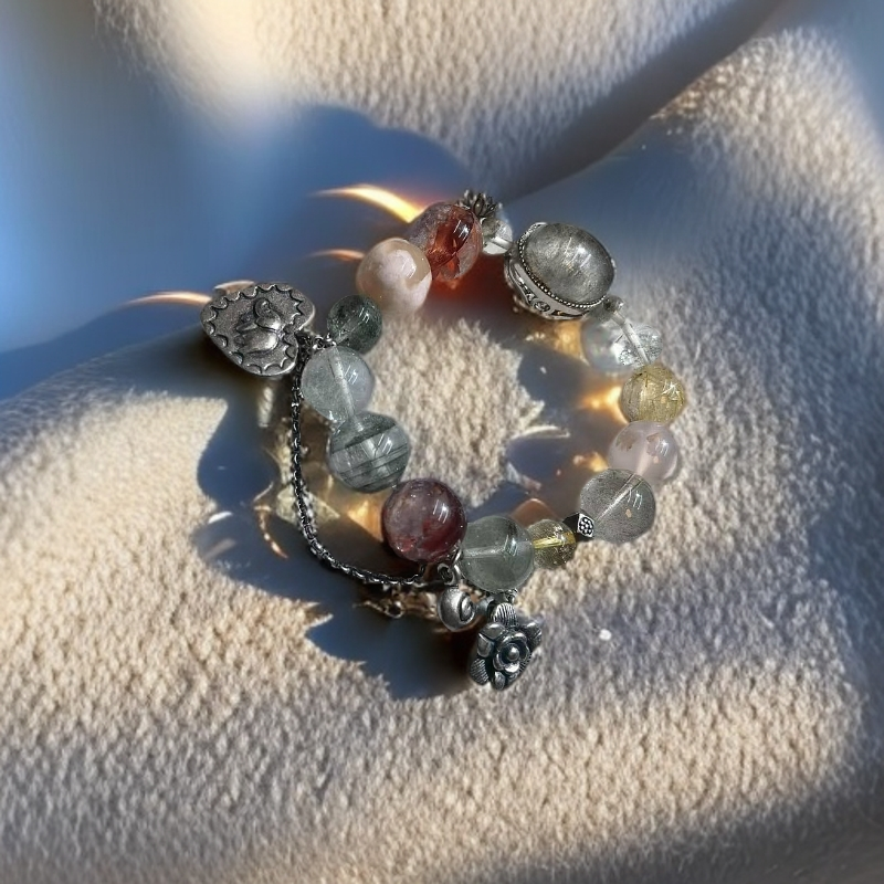 天然幽灵红胶花多彩水晶DIY手链1017